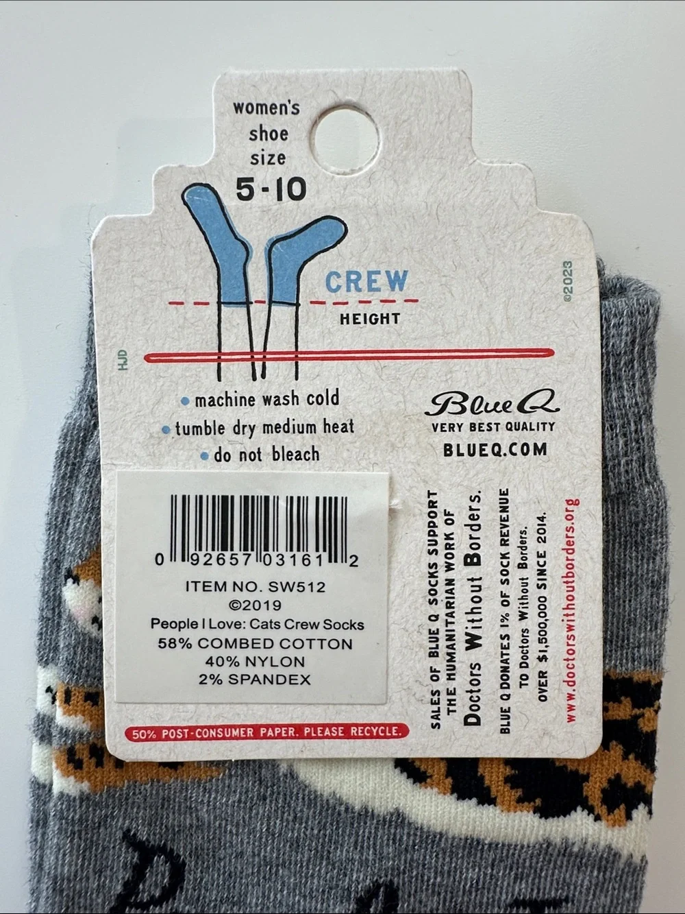 Blue Q Crew Socks “People I Love: 1. CATS”Playful Tabby & Calico Designs, Cotton
